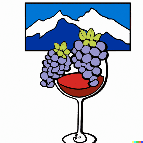 wine and grapes with illustrated mountain in the background