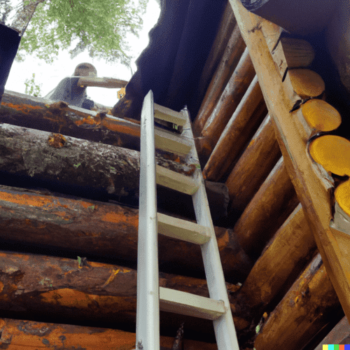 Ladder leading to roof of log home where a man is working