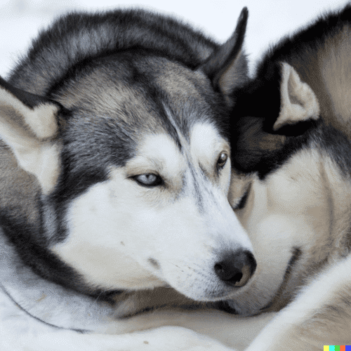 One Siberian Husky snuggling with another