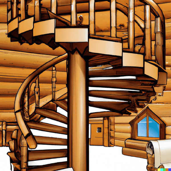 Wooden Spiral Staircase in a Log Home