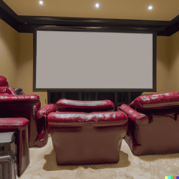 Home theatre room with maroon chairs
