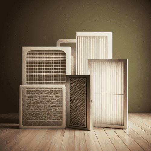 White air filters of various sizes on a hardwood floor