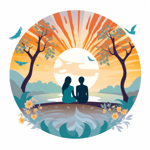 Colourful round image of two people sitting counselling watching a sunset