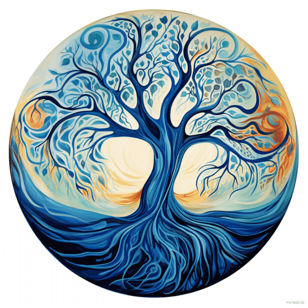 Colourful round image of a blue tree with the sun behind it, representing growth