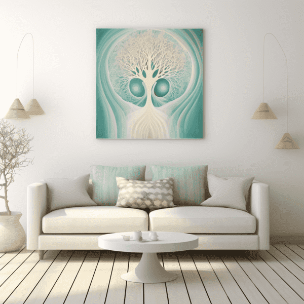 White couch in a white counselling room with blue painting of a tree on the wall